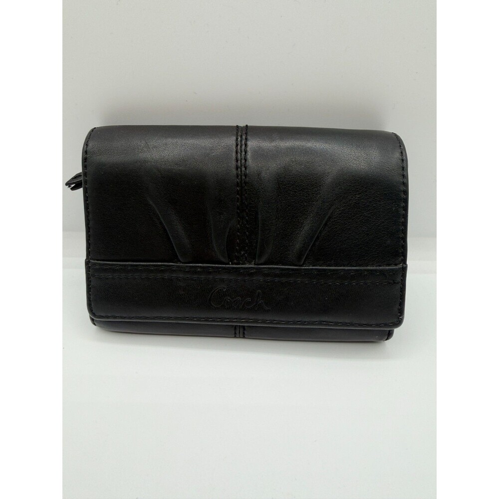 Vintage Coach Black Leather Pleated Compact Wallet Y2K Coin Zipper Blue Lining